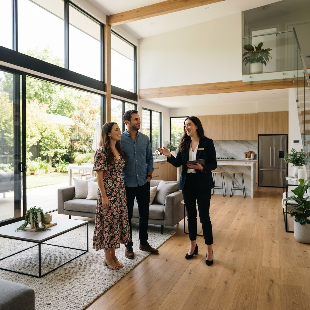 Real estate agent showing clients around a house